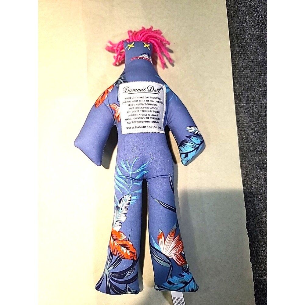 Dammit Doll Blue Floral Flowers Hot Pink Yarn Hair Stress Plush 12" Hawaiian